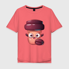 Мужская футболка хлопок Oversize с принтом Довольный стакан с кофе в Курске, 100% хлопок | свободный крой, круглый ворот, “спинка” длиннее передней части | Тематика изображения на принте: кофе | кофеин | кофейный | стакан | стаканчик