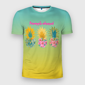 Мужская футболка 3D Slim с принтом Сочные  разноцветные ананасы в Санкт-Петербурге, 100% полиэстер с улучшенными характеристиками | приталенный силуэт, круглая горловина, широкие плечи, сужается к линии бедра | ананас | ананасы | лето | пальмы | фрукты