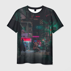 Мужская футболка 3D с принтом Неоновый мрачный город   Тёмно зелёный в Тюмени, 100% полиэфир | прямой крой, круглый вырез горловины, длина до линии бедер | abstraction | art | artwork | city | colorful | colors | dark | darkness | graphics | neon | patterns | street | surrealism | sweethuman | sweethumen | абстракция | арт | город | графика | искусство | неон | разноцветный | сюрреализм | темнота | тьма | уз