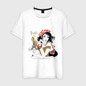 Мужская футболка хлопок с принтом GIRL IN PARIS в Тюмени, 100% хлопок | прямой крой, круглый вырез горловины, длина до линии бедер, слегка спущенное плечо. | 