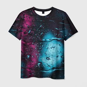 Мужская футболка 3D с принтом Неоновые сюрреалистичные капли   Розовый и голубой в Тюмени, 100% полиэфир | прямой крой, круглый вырез горловины, длина до линии бедер | abstraction | art | artwork | colorful | colors | dark | darkness | drops | graphics | neon | patterns | rain | surrealism | sweethuman | sweethumen | абстракция | арт | графика | дождь | искусство | капли | неон | разноцветный | сюрреализм | темнота | ть