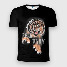 Мужская футболка 3D Slim с принтом Тигр   Play в Тюмени, 100% полиэстер с улучшенными характеристиками | приталенный силуэт, круглая горловина, широкие плечи, сужается к линии бедра | дикие звери | звери | крупные кошки | тигр | тигренок