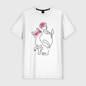 Мужская футболка хлопок Slim с принтом Кот с цветком , 92% хлопок, 8% лайкра | приталенный силуэт, круглый вырез ворота, длина до линии бедра, короткий рукав | cat | котенок | котики | коты | кошки