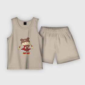 Детская пижама с шортами хлопок с принтом GIRL WITH A TEDDY BEAR ,  |  | baby | charming | cute | funny | happy | heart | love | red | toy | девочка | забавный | игрушка | красный | любовь | милый | очаровательный | плюшевый мишка | ребенок | сердце | счастливый