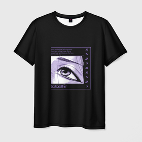 Мужская футболка 3D с принтом Eye with Hieroglyphs в Курске, 100% полиэфир | прямой крой, круглый вырез горловины, длина до линии бедер | Тематика изображения на принте: аниме | взгляд | глаза | женское | китайский | корейский | манга | мужское | надписи | неон | рамка | рисунок | свет | свечение | японский