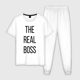 Мужская пижама хлопок с принтом The real boss в Курске, 100% хлопок | брюки и футболка прямого кроя, без карманов, на брюках мягкая резинка на поясе и по низу штанин
 | boss | real boss | бизнесмен | главный начальник | директор | коллега | начальник | начальство | работа | руководитель | руководство | шеф