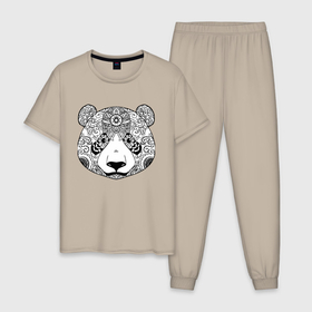 Мужская пижама хлопок с принтом Узорчатая голова панды в Тюмени, 100% хлопок | брюки и футболка прямого кроя, без карманов, на брюках мягкая резинка на поясе и по низу штанин
 | Тематика изображения на принте: bear | ears | eyes | flower | head | muzzle | nose | ornament | panda | pattern | глаза | голова | медведь | нос | орнамент | панда | узор | уши | цветок
