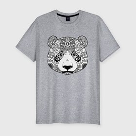 Мужская футболка хлопок Slim с принтом Узорчатая голова панды , 92% хлопок, 8% лайкра | приталенный силуэт, круглый вырез ворота, длина до линии бедра, короткий рукав | Тематика изображения на принте: bear | ears | eyes | flower | head | muzzle | nose | ornament | panda | pattern | глаза | голова | медведь | нос | орнамент | панда | узор | уши | цветок