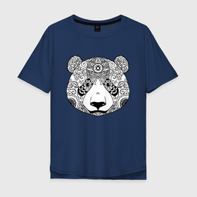 Мужская футболка хлопок Oversize с принтом Узорчатая голова панды в Петрозаводске, 100% хлопок | свободный крой, круглый ворот, “спинка” длиннее передней части | Тематика изображения на принте: bear | ears | eyes | flower | head | muzzle | nose | ornament | panda | pattern | глаза | голова | медведь | нос | орнамент | панда | узор | уши | цветок