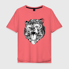 Мужская футболка хлопок Oversize с принтом Стилизованная голова медведя в Санкт-Петербурге, 100% хлопок | свободный крой, круглый ворот, “спинка” длиннее передней части | Тематика изображения на принте: bear | ears | fangs | jaw | muzzle | nose | ornament | rage | tongue | клыки | медведь | нос | орнамент | пасть | уши | язык | ярость