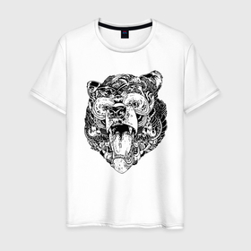 Мужская футболка хлопок с принтом Стилизованная голова медведя в Екатеринбурге, 100% хлопок | прямой крой, круглый вырез горловины, длина до линии бедер, слегка спущенное плечо. | bear | ears | fangs | jaw | muzzle | nose | ornament | rage | tongue | клыки | медведь | нос | орнамент | пасть | уши | язык | ярость