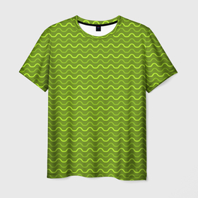 Мужская футболка 3D с принтом Зеленые светлые и темные волнистые полосы в Новосибирске, 100% полиэфир | прямой крой, круглый вырез горловины, длина до линии бедер | абстрактные | абстракция | геометрия | классика | классические | нейтральные | спокойные | узор | узоры