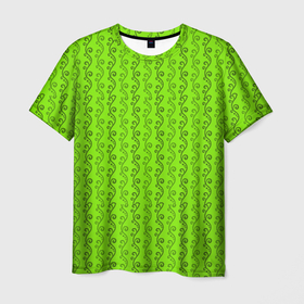 Мужская футболка 3D с принтом Зеленые узоры в виде листочков в Екатеринбурге, 100% полиэфир | прямой крой, круглый вырез горловины, длина до линии бедер | Тематика изображения на принте: абстрактные | абстракция | геометрия | классика | классические | нейтральные | спокойные | узор | узоры