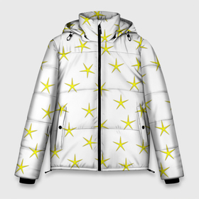 Мужская зимняя куртка 3D с принтом Золотые звезды на белом фоне в Тюмени, верх — 100% полиэстер; подкладка — 100% полиэстер; утеплитель — 100% полиэстер | длина ниже бедра, свободный силуэт Оверсайз. Есть воротник-стойка, отстегивающийся капюшон и ветрозащитная планка. 

Боковые карманы с листочкой на кнопках и внутренний карман на молнии. | геометрия | желтый | звезды | золотой | несимметричный | узор