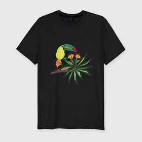 Мужская футболка хлопок Slim с принтом Птица тукан с цветами и листьями в Курске, 92% хлопок, 8% лайкра | приталенный силуэт, круглый вырез ворота, длина до линии бедра, короткий рукав | Тематика изображения на принте: bird | bright | colorful | flowers | hawaii | jungle | leaves | orange flowers | palm leaf | palm tree | toucan | toucan bird | tropical | гавайи | джунгли | красочный | лист пальмы | листья | оранжевые цветы | пальма | птица | птица тукан | тропический |