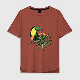 Мужская футболка хлопок Oversize с принтом Птица тукан с цветами и листьями в Тюмени, 100% хлопок | свободный крой, круглый ворот, “спинка” длиннее передней части | bird | bright | colorful | flowers | hawaii | jungle | leaves | orange flowers | palm leaf | palm tree | toucan | toucan bird | tropical | гавайи | джунгли | красочный | лист пальмы | листья | оранжевые цветы | пальма | птица | птица тукан | тропический |