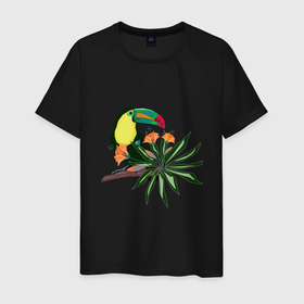 Мужская футболка хлопок с принтом Птица тукан с цветами и листьями в Рязани, 100% хлопок | прямой крой, круглый вырез горловины, длина до линии бедер, слегка спущенное плечо. | Тематика изображения на принте: bird | bright | colorful | flowers | hawaii | jungle | leaves | orange flowers | palm leaf | palm tree | toucan | toucan bird | tropical | гавайи | джунгли | красочный | лист пальмы | листья | оранжевые цветы | пальма | птица | птица тукан | тропический |