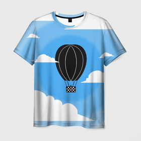 Мужская футболка 3D с принтом Воздушный шар в небе с облаками в Белгороде, 100% полиэфир | прямой крой, круглый вырез горловины, длина до линии бедер | Тематика изображения на принте: воздушный шар | небеса | небо | облака | путешесвие
