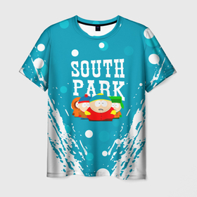 Мужская футболка 3D с принтом Южный Парк   на голубом фоне , 100% полиэфир | прямой крой, круглый вырез горловины, длина до линии бедер | south park | sp | батерс | баттерс | гарисон | енот | кайл брофловски | картман | кеннет | кенни | маки | макки | маккормик | марш | мистер | мистереон | мультфильм | полотенчик | ренди | саус парк | сауспарк