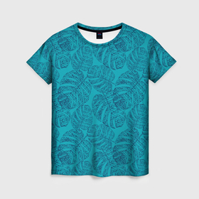Женская футболка 3D с принтом Синие листья монстеры на голубом , 100% полиэфир ( синтетическое хлопкоподобное полотно) | прямой крой, круглый вырез горловины, длина до линии бедер | blue | blue leaves | botanical | hawaii | jungle | leaves | light blue | monochrome | monstera | palm | tropical | ботанический | гавайи | джунгли | листья | монохромный | монстера | пальма | синие листья | синий | тропический