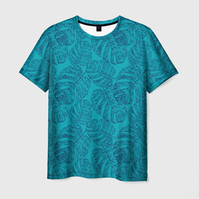 Мужская футболка 3D с принтом Синие листья монстеры на голубом в Белгороде, 100% полиэфир | прямой крой, круглый вырез горловины, длина до линии бедер | blue | blue leaves | botanical | hawaii | jungle | leaves | light blue | monochrome | monstera | palm | tropical | ботанический | гавайи | джунгли | листья | монохромный | монстера | пальма | синие листья | синий | тропический