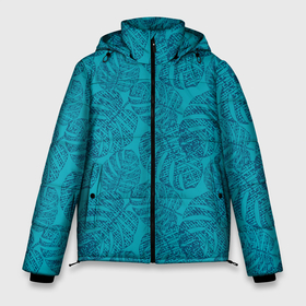 Мужская зимняя куртка 3D с принтом Синие листья монстеры на голубом в Курске, верх — 100% полиэстер; подкладка — 100% полиэстер; утеплитель — 100% полиэстер | длина ниже бедра, свободный силуэт Оверсайз. Есть воротник-стойка, отстегивающийся капюшон и ветрозащитная планка. 

Боковые карманы с листочкой на кнопках и внутренний карман на молнии. | Тематика изображения на принте: blue | blue leaves | botanical | hawaii | jungle | leaves | light blue | monochrome | monstera | palm | tropical | ботанический | гавайи | джунгли | листья | монохромный | монстера | пальма | синие листья | синий | тропический