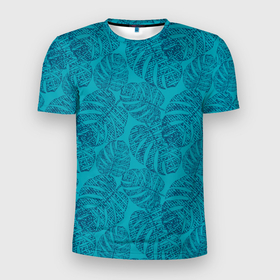 Мужская футболка 3D Slim с принтом Синие листья монстеры на голубом , 100% полиэстер с улучшенными характеристиками | приталенный силуэт, круглая горловина, широкие плечи, сужается к линии бедра | blue | blue leaves | botanical | hawaii | jungle | leaves | light blue | monochrome | monstera | palm | tropical | ботанический | гавайи | джунгли | листья | монохромный | монстера | пальма | синие листья | синий | тропический