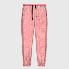 Мужские брюки 3D с принтом Бежевые листья монстеры на розовом в Новосибирске, 100% полиэстер | манжеты по низу, эластичный пояс регулируется шнурком, по бокам два кармана без застежек, внутренняя часть кармана из мелкой сетки | Тематика изображения на принте: beige | botanical | hawaii | jungle | leaves | light pink | monochrome | monstera | palm | pink | tropical | бежевый | ботанический | гавайи | джунгли | листья | монохромный | монстера | пальма | розовый | светло розовый | тропический