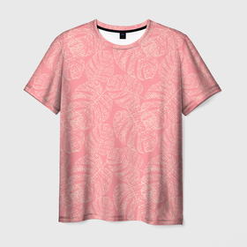 Мужская футболка 3D с принтом Бежевые листья монстеры на розовом в Тюмени, 100% полиэфир | прямой крой, круглый вырез горловины, длина до линии бедер | Тематика изображения на принте: beige | botanical | hawaii | jungle | leaves | light pink | monochrome | monstera | palm | pink | tropical | бежевый | ботанический | гавайи | джунгли | листья | монохромный | монстера | пальма | розовый | светло розовый | тропический