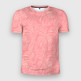 Мужская футболка 3D Slim с принтом Бежевые листья монстеры на розовом в Тюмени, 100% полиэстер с улучшенными характеристиками | приталенный силуэт, круглая горловина, широкие плечи, сужается к линии бедра | beige | botanical | hawaii | jungle | leaves | light pink | monochrome | monstera | palm | pink | tropical | бежевый | ботанический | гавайи | джунгли | листья | монохромный | монстера | пальма | розовый | светло розовый | тропический