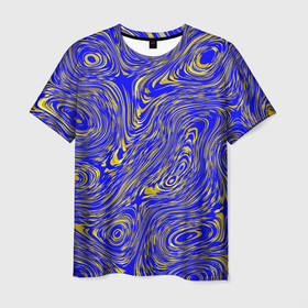 Мужская футболка 3D с принтом Сине золотой абстрактный фон в Петрозаводске, 100% полиэфир | прямой крой, круглый вырез горловины, длина до линии бедер | Тематика изображения на принте: абстракция | блестящий | золотой | разводы | синий