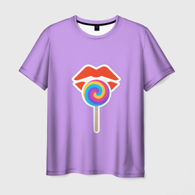 Мужская футболка 3D с принтом Red lips and lollipop в Тюмени, 100% полиэфир | прямой крой, круглый вырез горловины, длина до линии бедер | lips | lollipop | губы | леденец | пурпурный