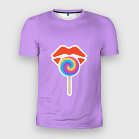 Мужская футболка 3D Slim с принтом Red lips and lollipop в Екатеринбурге, 100% полиэстер с улучшенными характеристиками | приталенный силуэт, круглая горловина, широкие плечи, сужается к линии бедра | Тематика изображения на принте: lips | lollipop | губы | леденец | пурпурный