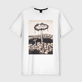 Мужская футболка хлопок Slim с принтом Dripping Mushroom в Новосибирске, 92% хлопок, 8% лайкра | приталенный силуэт, круглый вырез ворота, длина до линии бедра, короткий рукав | ботаника | винтаж | грибы | картина | книга | минимализм | природа | флора | цветы