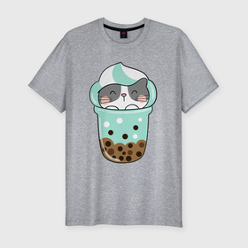 Мужская футболка хлопок Slim с принтом Котик в  стакане , 92% хлопок, 8% лайкра | приталенный силуэт, круглый вырез ворота, длина до линии бедра, короткий рукав | кот | котенок | котик | кошечка | лето | мороженое