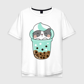 Мужская футболка хлопок Oversize с принтом Котик в  стакане в Санкт-Петербурге, 100% хлопок | свободный крой, круглый ворот, “спинка” длиннее передней части | Тематика изображения на принте: кот | котенок | котик | кошечка | лето | мороженое