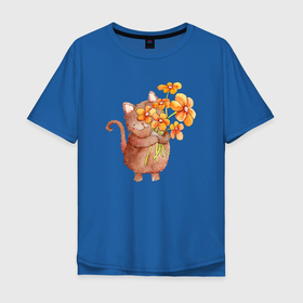 Мужская футболка хлопок Oversize с принтом Рыжий кот с цветами в Курске, 100% хлопок | свободный крой, круглый ворот, “спинка” длиннее передней части | кот | кот с цветами | котик | кошка | рыжий кот | цветы