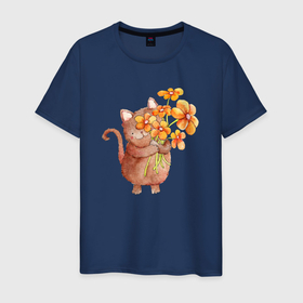 Мужская футболка хлопок с принтом Рыжий кот с цветами в Белгороде, 100% хлопок | прямой крой, круглый вырез горловины, длина до линии бедер, слегка спущенное плечо. | кот | кот с цветами | котик | кошка | рыжий кот | цветы