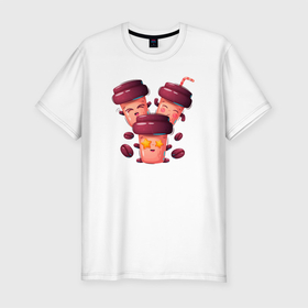 Мужская футболка хлопок Slim с принтом Веселые стаканчики кофе в Тюмени, 92% хлопок, 8% лайкра | приталенный силуэт, круглый вырез ворота, длина до линии бедра, короткий рукав | Тематика изображения на принте: coffee | кофе | кофейный | стакан | стаканчики