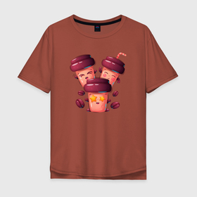 Мужская футболка хлопок Oversize с принтом Веселые стаканчики кофе в Тюмени, 100% хлопок | свободный крой, круглый ворот, “спинка” длиннее передней части | Тематика изображения на принте: coffee | кофе | кофейный | стакан | стаканчики