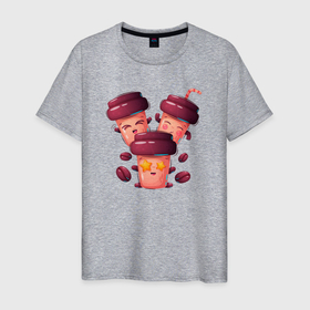 Мужская футболка хлопок с принтом Веселые стаканчики кофе в Кировске, 100% хлопок | прямой крой, круглый вырез горловины, длина до линии бедер, слегка спущенное плечо. | coffee | кофе | кофейный | стакан | стаканчики