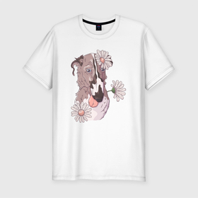 Мужская футболка хлопок Slim с принтом собака Колли с  цветами в Кировске, 92% хлопок, 8% лайкра | приталенный силуэт, круглый вырез ворота, длина до линии бедра, короткий рукав | колли | пес | песик | собака | собачка | цветы