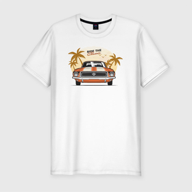 Мужская футболка хлопок Slim с принтом Ретро авто и пальмы в Новосибирске, 92% хлопок, 8% лайкра | приталенный силуэт, круглый вырез ворота, длина до линии бедра, короткий рукав | Тематика изображения на принте: автомобиль | лето | машина | пальмы | ретро | ретро авто