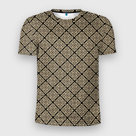 Мужская футболка 3D Slim с принтом Паттерн золотые квадраты в Новосибирске, 100% полиэстер с улучшенными характеристиками | приталенный силуэт, круглая горловина, широкие плечи, сужается к линии бедра | абстрактные | абстракция | геометрия | классика | классические | нейтральные | спокойные | узор | узоры