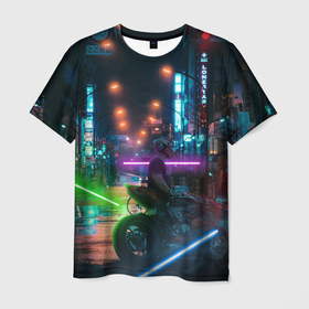 Мужская футболка 3D с принтом городской неон в Кировске, 100% полиэфир | прямой крой, круглый вырез горловины, длина до линии бедер | город | мото | неон | ночь | япония