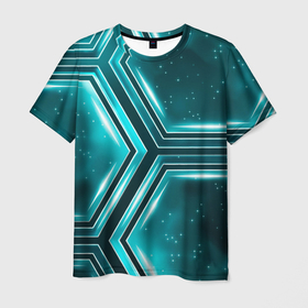 Мужская футболка 3D с принтом Космические соты в Санкт-Петербурге, 100% полиэфир | прямой крой, круглый вырез горловины, длина до линии бедер | 3d | 3д | cell | hexagon | гексагон | космические | сотовые | соты | шестигранники | ячейки