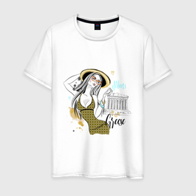 Мужская футболка хлопок с принтом GIRL IN GREECE в Санкт-Петербурге, 100% хлопок | прямой крой, круглый вырез горловины, длина до линии бедер, слегка спущенное плечо. | athens | girl | travel | vacation | афины | девушка | отдых | отпуск | путешествие