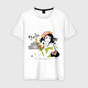 Мужская футболка хлопок с принтом GIRL IN BERLIN в Санкт-Петербурге, 100% хлопок | прямой крой, круглый вырез горловины, длина до линии бедер, слегка спущенное плечо. | germany | travel | vacation | берлин | девушка | отдых | путешествие