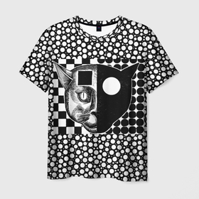 Мужская футболка 3D с принтом Кот одноглазый в Курске, 100% полиэфир | прямой крой, круглый вырез горловины, длина до линии бедер | квадраты | кот | круги | рисунок | черный