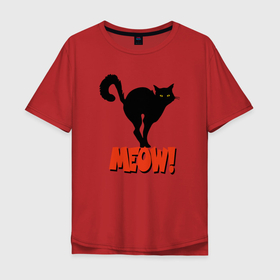 Мужская футболка хлопок Oversize с принтом MEOW (МЯУ) , 100% хлопок | свободный крой, круглый ворот, “спинка” длиннее передней части | домашнее животное | животное | котенок | котик | котэ | кошечка | кошка | милый | мяу | очаровательны | силуэт | смешной | черный кот